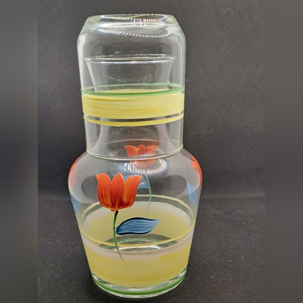 Vintage Tumble Up, Clear Glass Hand Painted Tulip and striped  Bedside Carafe